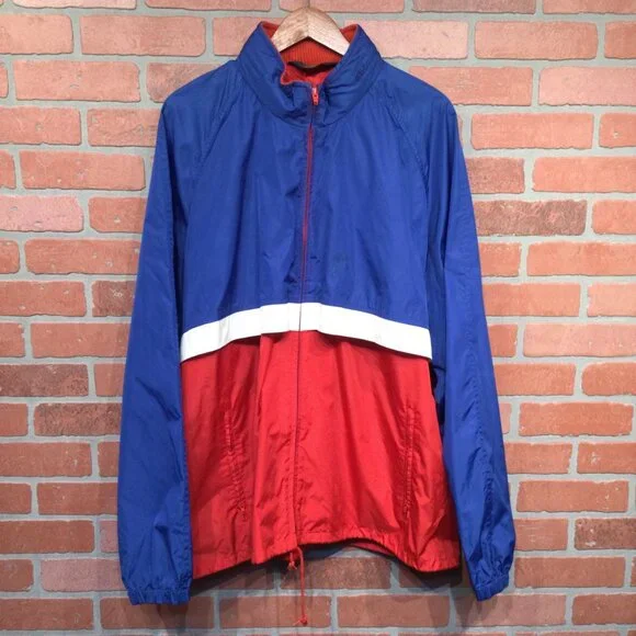 Vintage Woolrich Mens Red Blue Nylon Windbreaker Jacket Hidden Hood Size L - Picture 2 of 11